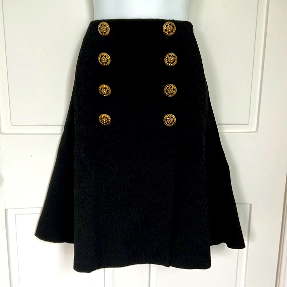Etcetera Black godet skirt faux wrap decorative brass buttons. Knee length 8